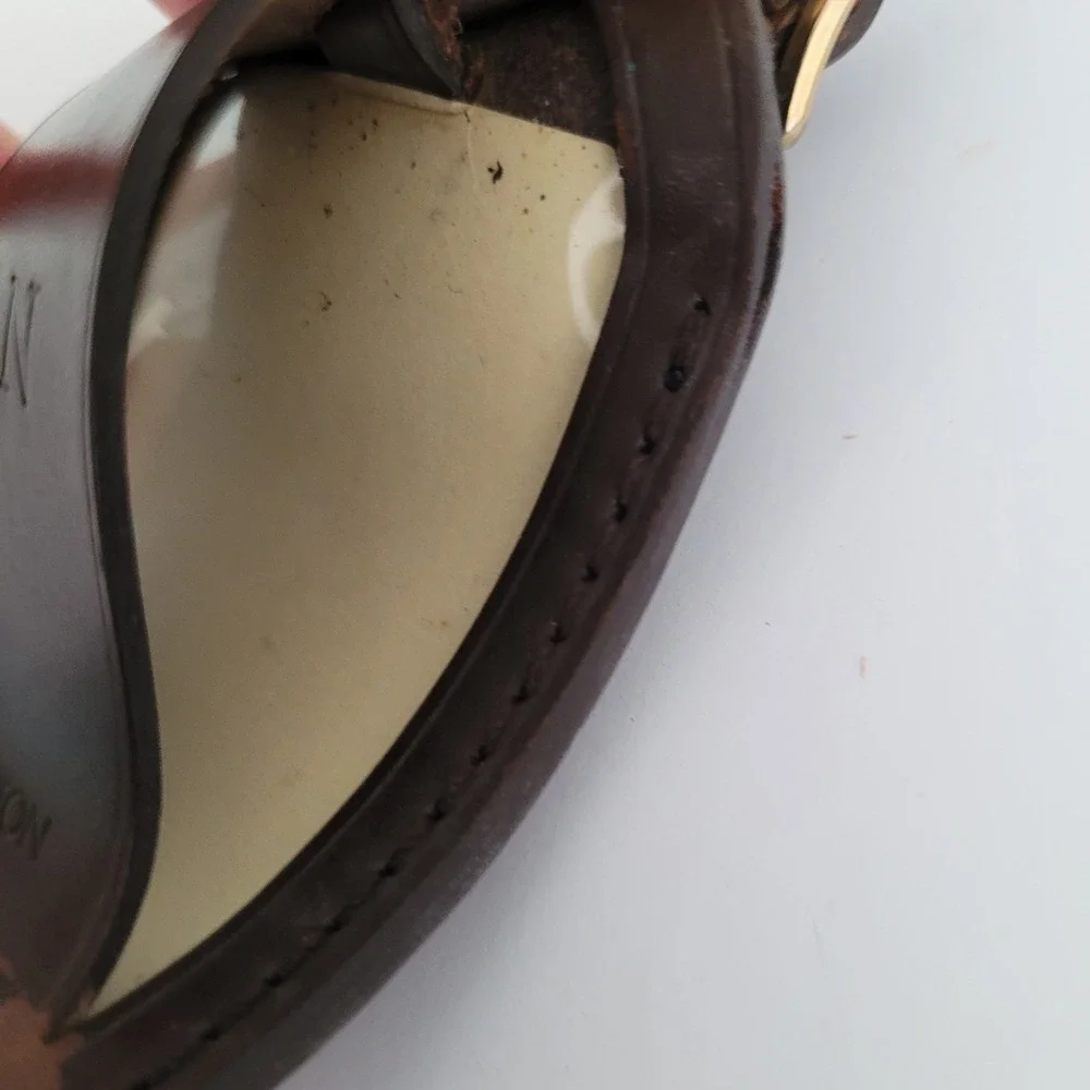 Louis Vuitton Brown Leather Luggage Tag Gold Buckle Travel Accessory MN Monogram